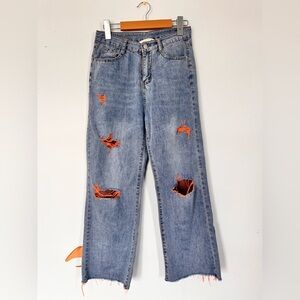 Amazing Moult Distressed Baggy Blue Jeans with Orange Accents
